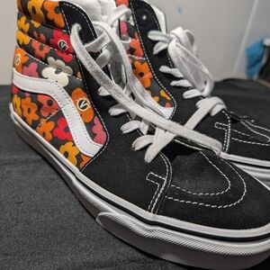 Black and orange Vans Sk8-Hi flower trainers Size 9.5(Men), 11(Women) #vans
